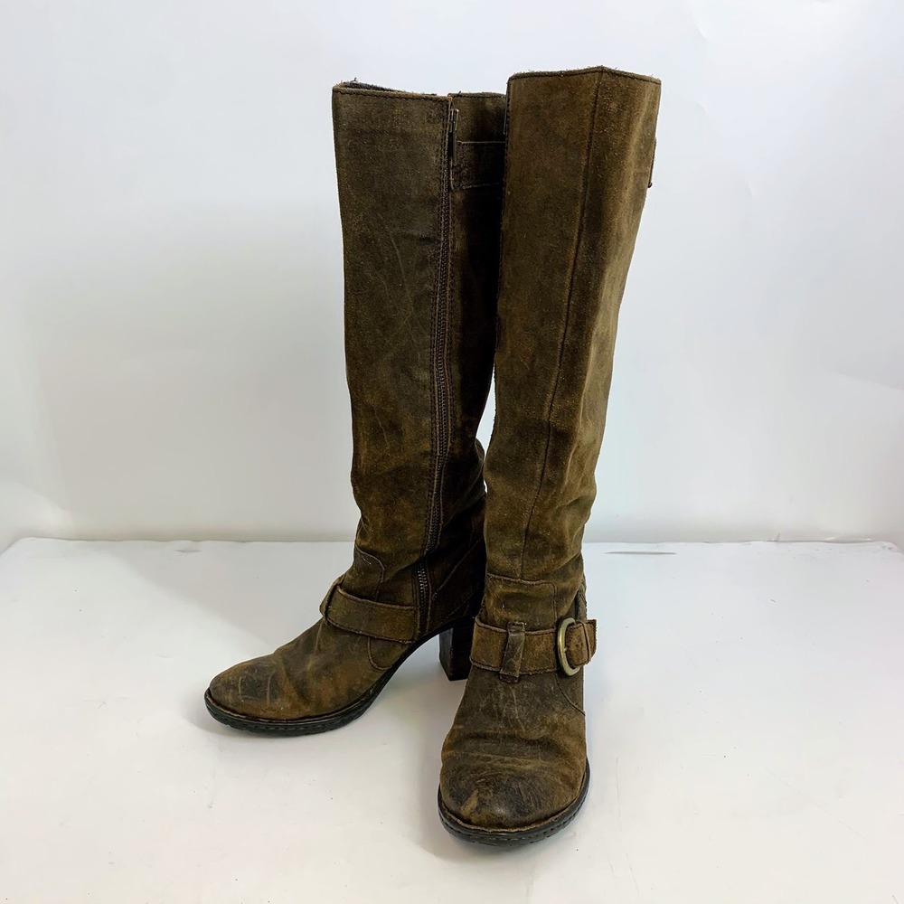 Born Womens Suede Leather Knee High Boots Brown Buckle Accent Heeled Size SZ 6.5